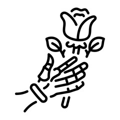 A spooky hand holding a rose, line icon 