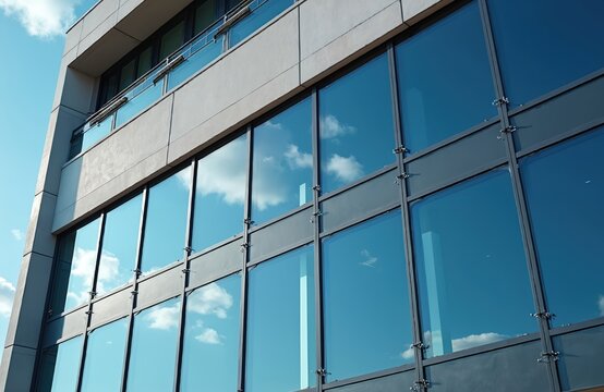 Modern building facade with reflective windows and blue sky reflections. Sky and clouds mirror perfectly on glass. Sophisticated design elements apparent. Energy efficiency features solar tech.