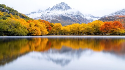 Naklejka premium Autumnal lake reflecting snow-capped mountains. Tranquil autumn colors reflected in placid water