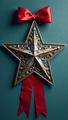 Naklejka premium Ornate metal star with intricate details and a red bow hung on a blue ribbon, holiday decor, blue, festive