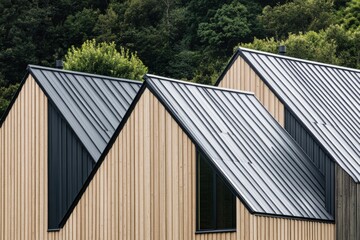Fototapeta premium Contemporary wooden homes featuring sloped roofs are beautifully nestled within a lush green landscape, highlighting innovative architectural design elements that blend seamlessly with nature