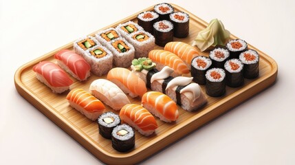 Assorted Sushi Platter on Wooden Plate