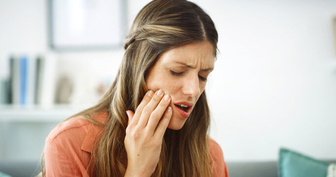 Woman, pain and infection with tooth ache for dental issue, oral or gum disease at home. Female person, teeth decay or sore jaw with discomfort or gingivitis for mouth cavity or swollen abscess