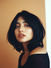 Naklejka premium Close-up Portrait of a Young Woman with Dark Hair, Soft Makeup, and a Pensive Expression: Beauty, Fashion, and Portrait Photography Concept