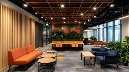 Modern Coworking Space Interior With Orange Sofas And Wooden Accents
