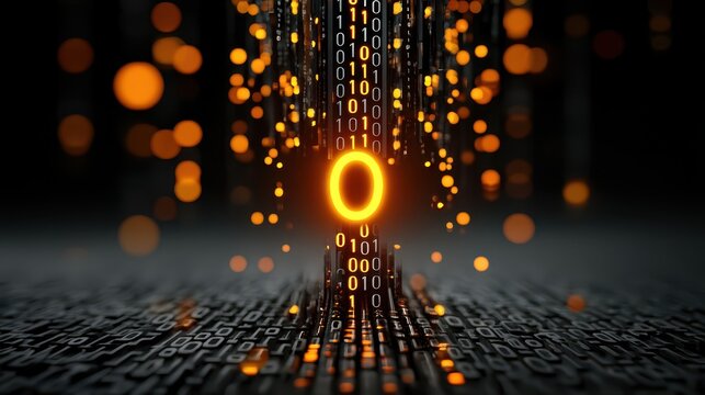 Cybersecurity malware forensics concept. Digital abstract with glowing binary code and orbs, representing technology and data flow.