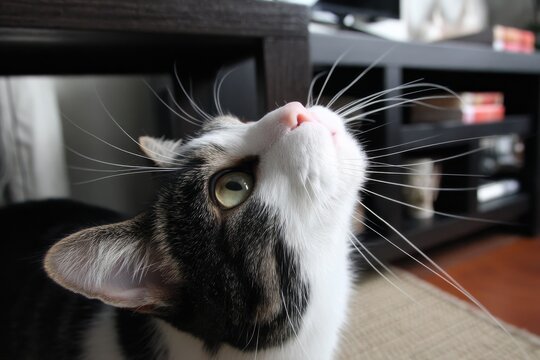 A curious tabby cat gazes upward, showcasing its striking whiskers and bright green eyes in a detailed portrait.