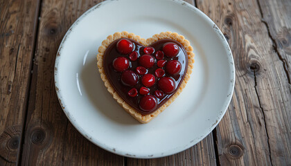 A heart-shaped tart sits on a white plate with a rustic wooden background. Topped with vibrant cherries, this sweet treat showcases a rich and glossy filling inviting dessert lovers