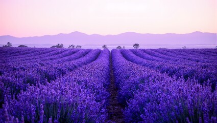 Fototapeta premium Experience the tranquil beauty of a blooming lavender field at dawn where purple rows stretch endlessly under a pastel sky