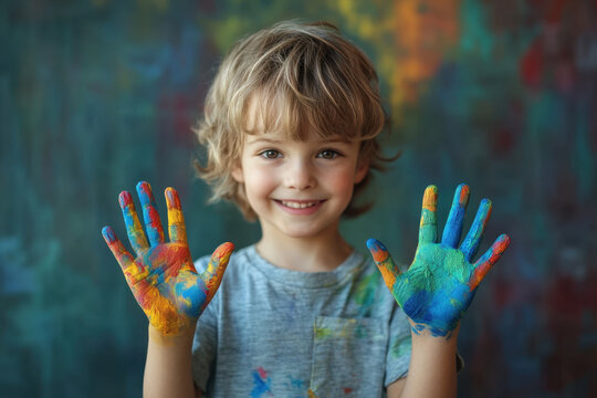Young boy with hands painted in bright colors, laughing joyfully at a vibrant outdoor art workshop. - Powered by Adobe