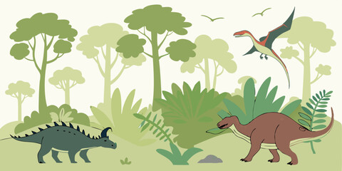 Seamless vector tropical forest with Stegosaurus, Tyrannosaurus, triceratops, Spinosaurus, styracosaurus, Parasaurolophus, Brachiosaurus and pterodactyl