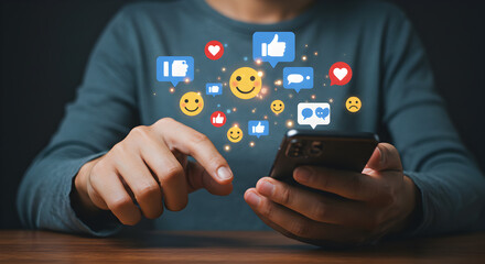 Professional workspace, business strategy, financial growth person using smartphone with social media icons floating around the device in a dark background