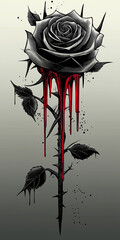 Gory Gothic Black Rose with Dripping Red Liquid: A Dark Artistic Illustration of a Black Rose with Realistic Red Blood or Paint Dripping Down its Petals and Stem, Evoking Feelings of Pain, Loss, and