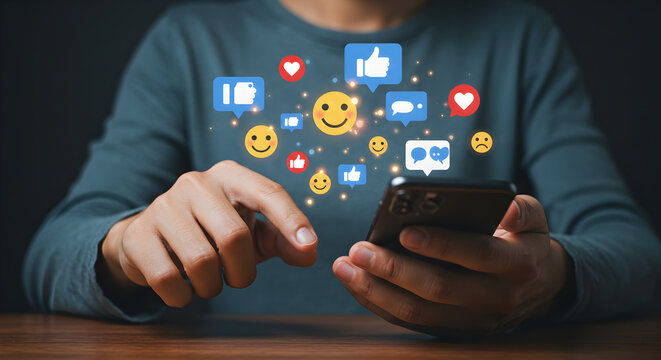 Professional workspace, business strategy, financial growth person using smartphone with social media icons floating around the device in a dark background