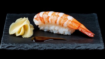 Shrimp nigiri sushi on black slate