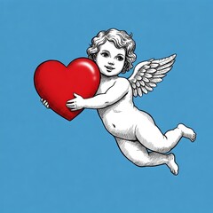 Dessin de Cupidon en noir et blanc avec un coeur rouge
