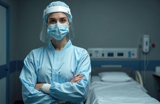 Caucasian female doctor in hospital wearing PPE suit face mask face shield, medical cap. Healthcare worker with crossed arms. Healthcare pro, protecting from virus, disease.