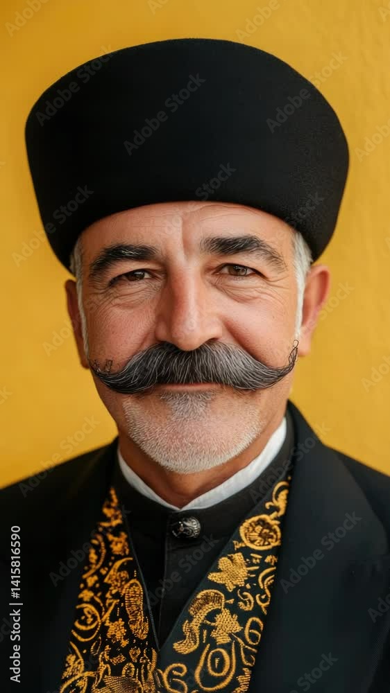 Poster a man wearing a mustache and a black hat, perfect for various themes and occasions.