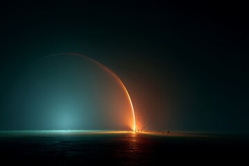 A fiery trail from a rocket launch illuminates the night sky over water.