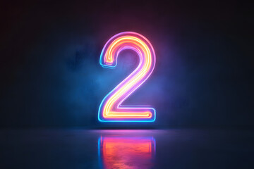 Glowing neon number 2 light sign with vibrant pink, blue, and purple colors. Futuristic electric digit two on dark background, illuminated typography style for modern tech, countdown, and celebration 
