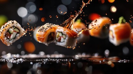 Flying Sushi Rolls with Soy Sauce Splash