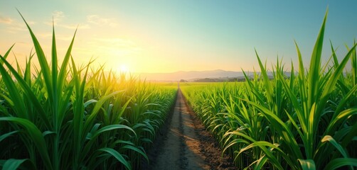 Sugarcane farm with dirt road under clear sky. Agriculture background in rural setting. Green plants at farmland, golden sunlight at sunset. Farming, harvest, cultivation, landscape, organic.