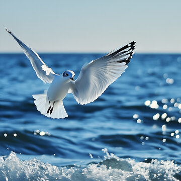 On the blue sea, the waves gently beat the shore, the sun shines, the sea sparkling. Suddenly, a seagull swept across the sea, its wings spreading gracefully, accompanied by a crisp chirp. It hovered