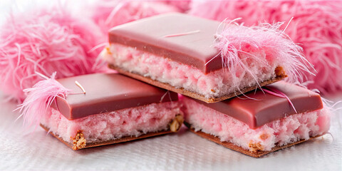 Three delightful desserts are stacked on a table, showcasing a fluffy pink filling topped with a chocolate layer, surrounded by playful pink decorations, perfect for special occasions