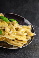 Pappardelle pasta filling main course appetizer vegetables dish fresh delicious gourmet food background on the table rustic food top view copy space  vegetarian and vegan food