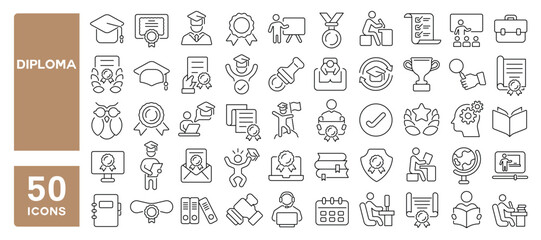 Set of 50 line icons related to diploma, academic, graduation, certification, qualification, education, degree, accreditation, award, attestation, Editable stroke. Vector illustration