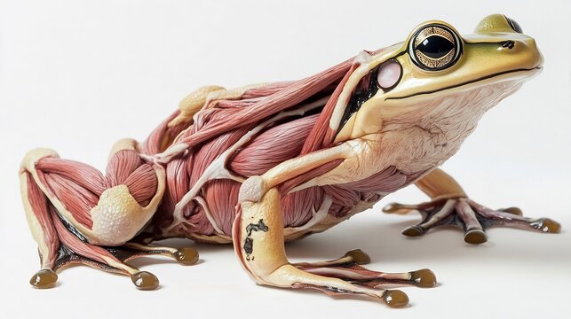 Anatomy of frog showing muscle and skeletal structures white background