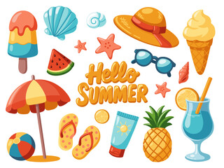 Hello Summer set. Vector isolated illustrations of summer vacation and beach elements on white background