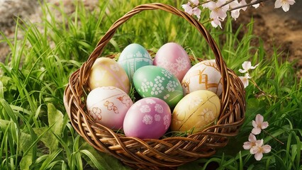Obraz premium A woven basket filled with hand-painted pastel Easter eggs in a serene cherry blossom setting