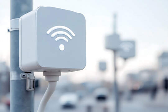 A white square-shaped public communication distribution box, mounted on a pole with a glowing wireless network symbol, provides connectivity in a blurred urban setting.
