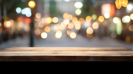 Empty Wooden Table Top With Blurred Night City Lights Background