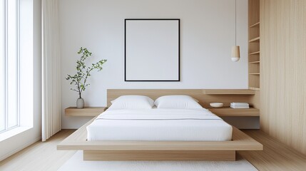 Fototapeta premium Scandi Minimalist bedroom, low platform bed, white linen, oak elements, built in shelf, clean light