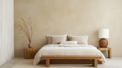 Serene bedroom, japandi soul, bare essentials, warm wall tone, slow living