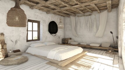 Obraz premium A serene, rustic bedroom with natural textures and light.