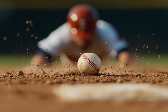 Baseball player sliding into base, kicking up dirt. Focus on the ball. Intense action in sport. Excitement and energy captured. Athlete in motion.