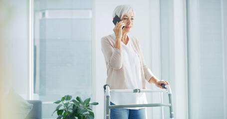 Phone call, talking and senior woman in home for communication, contact and online chat. Retirement, happy and elderly person with walking frame on smartphone for conversation, hello and networking