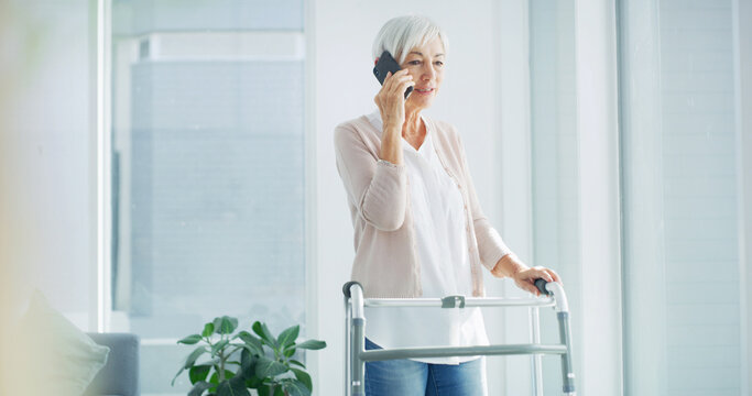 Phone call, talking and senior woman in home for communication, contact and online chat. Retirement, happy and elderly person with walking frame on smartphone for conversation, hello and networking - Powered by Adobe