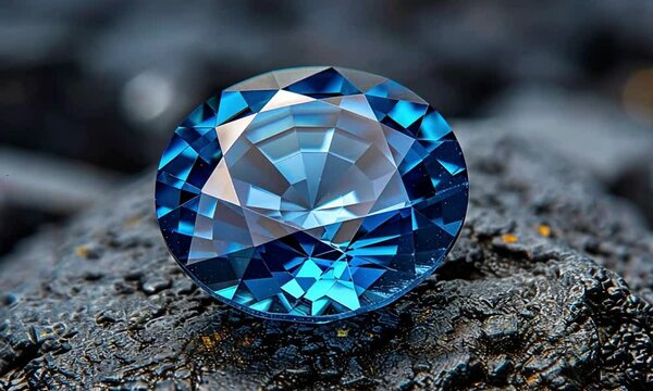 Brilliant blue gemstone on dark rock.