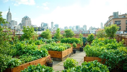 Fototapeta premium Serene rooftop garden oasis in urban landscape blending fresh produce beds with cityscape view under open sky