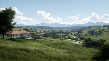 Obraz premium Scenic Rural Landscape With Country Houses And Rolling Hills