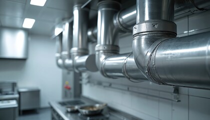 Modern HVAC system with stainless steel pipes in professional kitchen. Industrial design provides efficient ventilation, cooling, maintains air quality. Commercial eatery kitchen appliance technology.