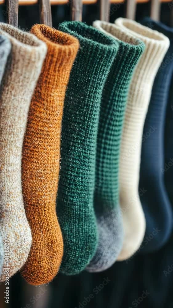 Poster A row of colorful socks hanging from a rustic wooden rack.