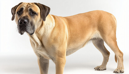 Obraz premium A majestic light brown Mastiff stands against a white backdrop, its gaze intense and captivating. The dog's muscular build and calm demeanor create a powerful yet serene image.