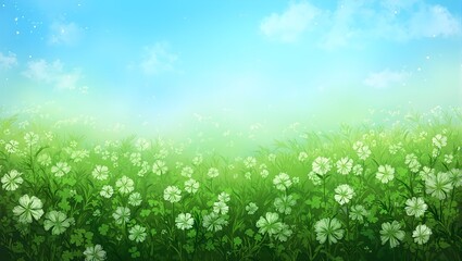 Obraz premium Tranquil scene of clover meadow under clear blue sky delicate white blossoms covering lush green landscape