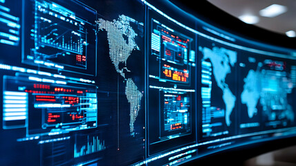 Obraz premium Curved Wall Of Digital Displays Showing Data Visualizations