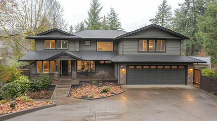 Modern Grey House Exterior On Rainy Day